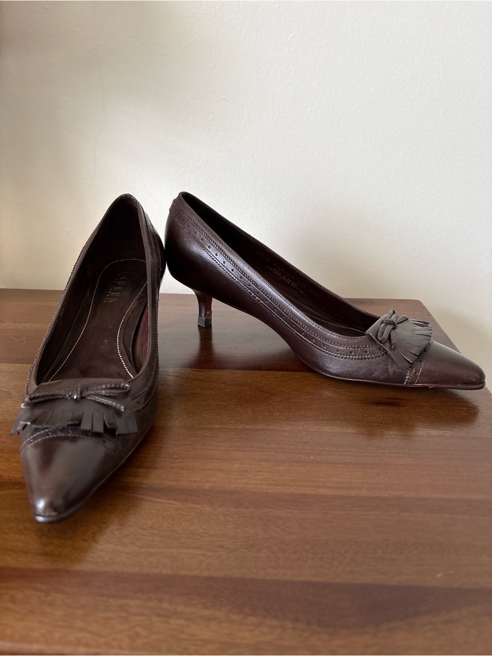 Lauren Ralph Lauren Dark Brown Pointed-Toe Kitten Heels with Tassel